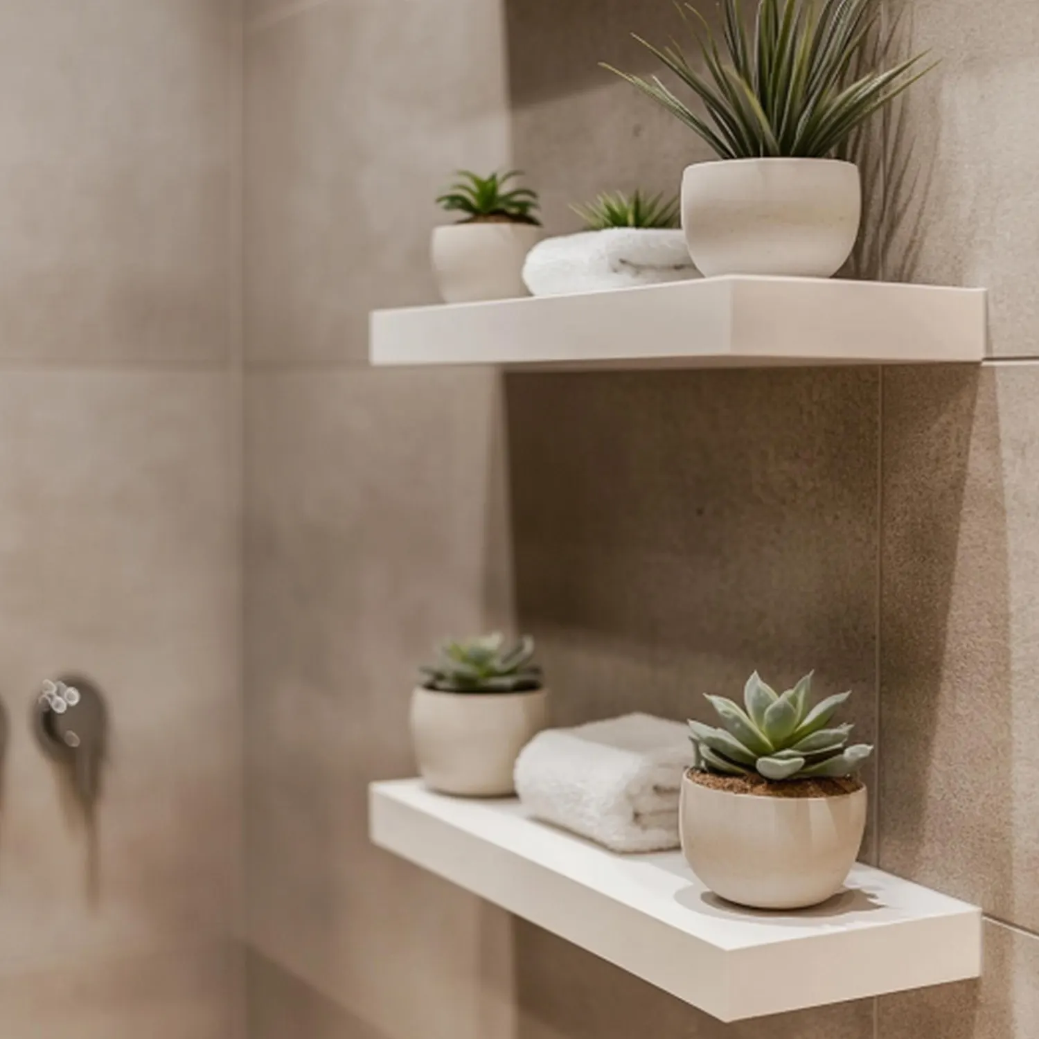 Recessed shower niche lined in glossy terracotta tile glowing under warm light