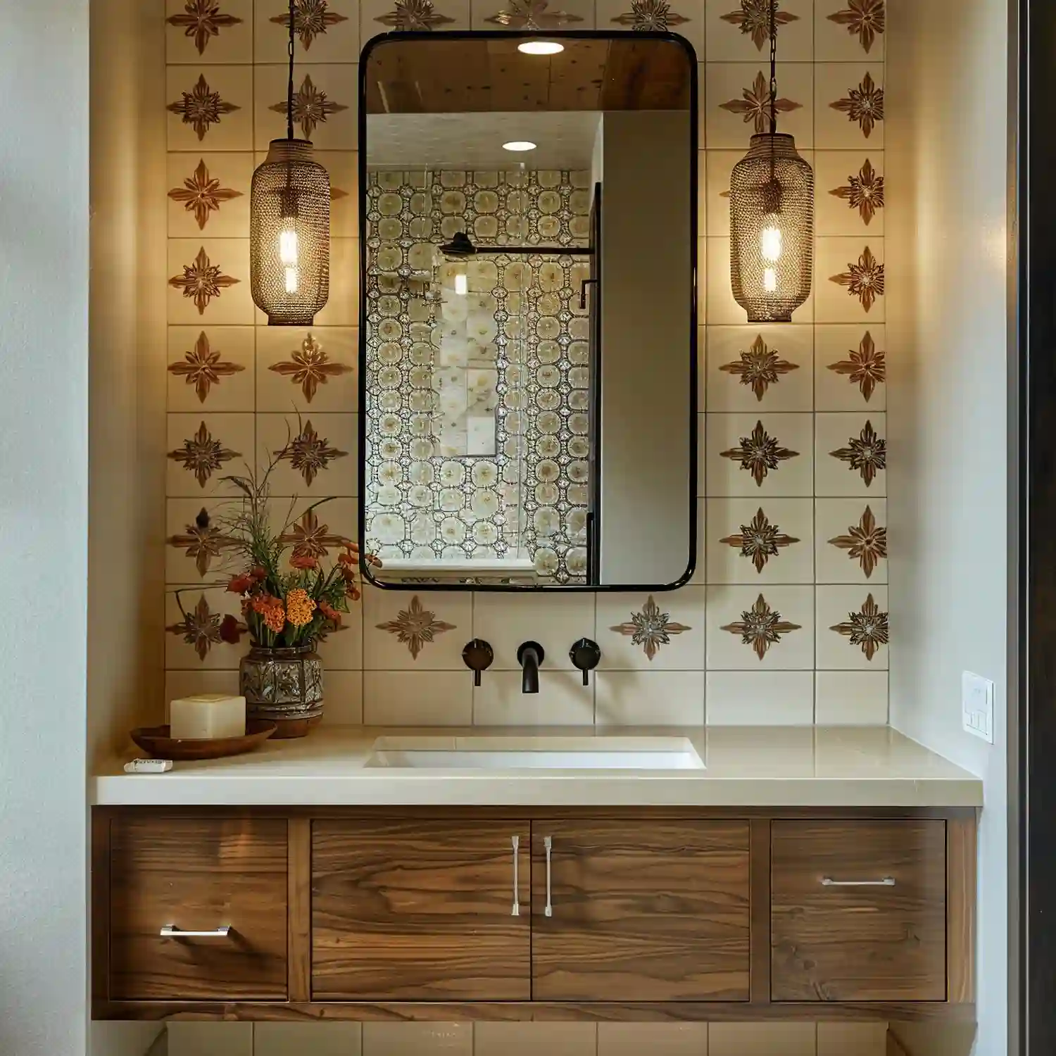 Glossy rust zellige tile shower wall with uneven handmade glaze catching light