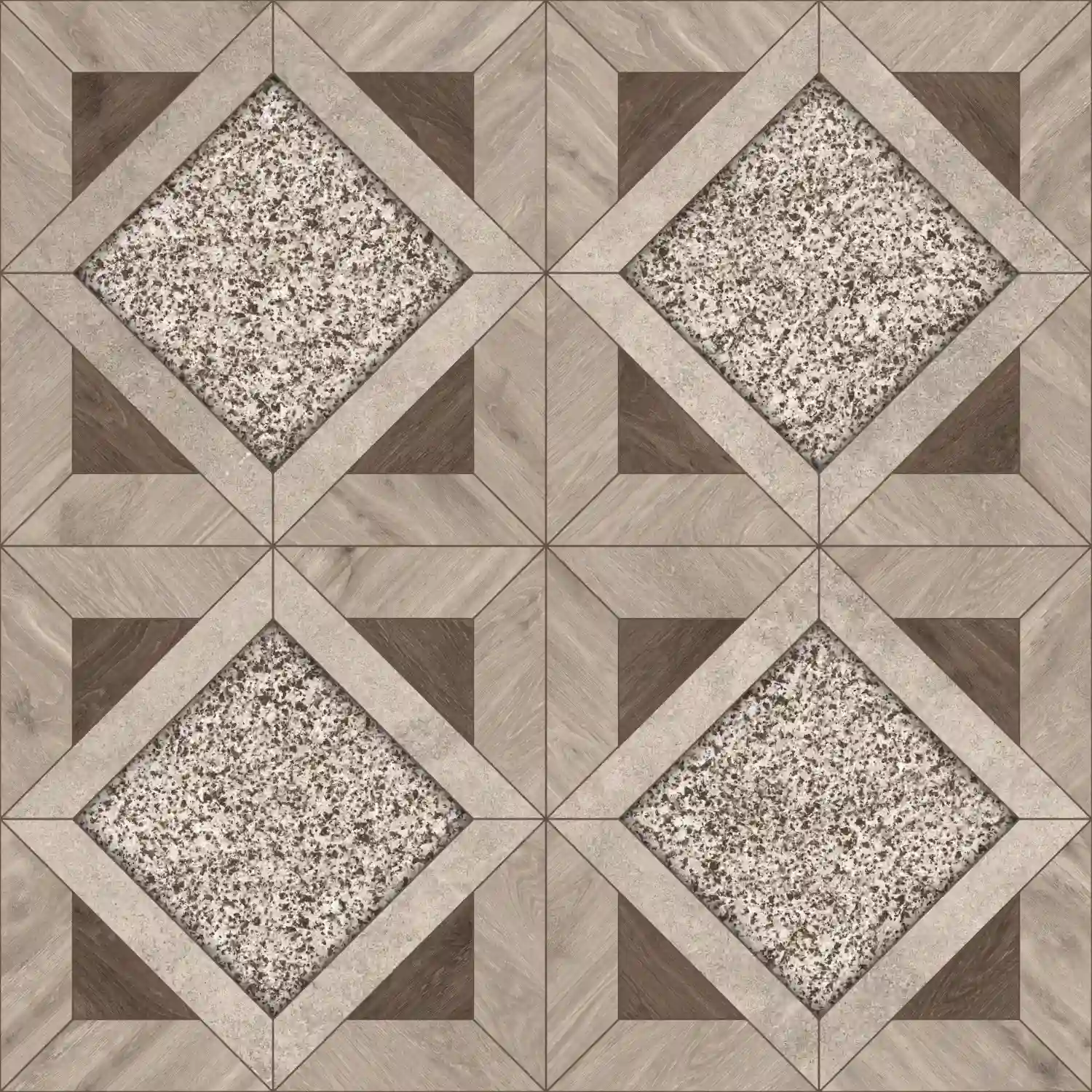 Warm cream terrazzo tile floor with rust and olive chips in a modern bathroom