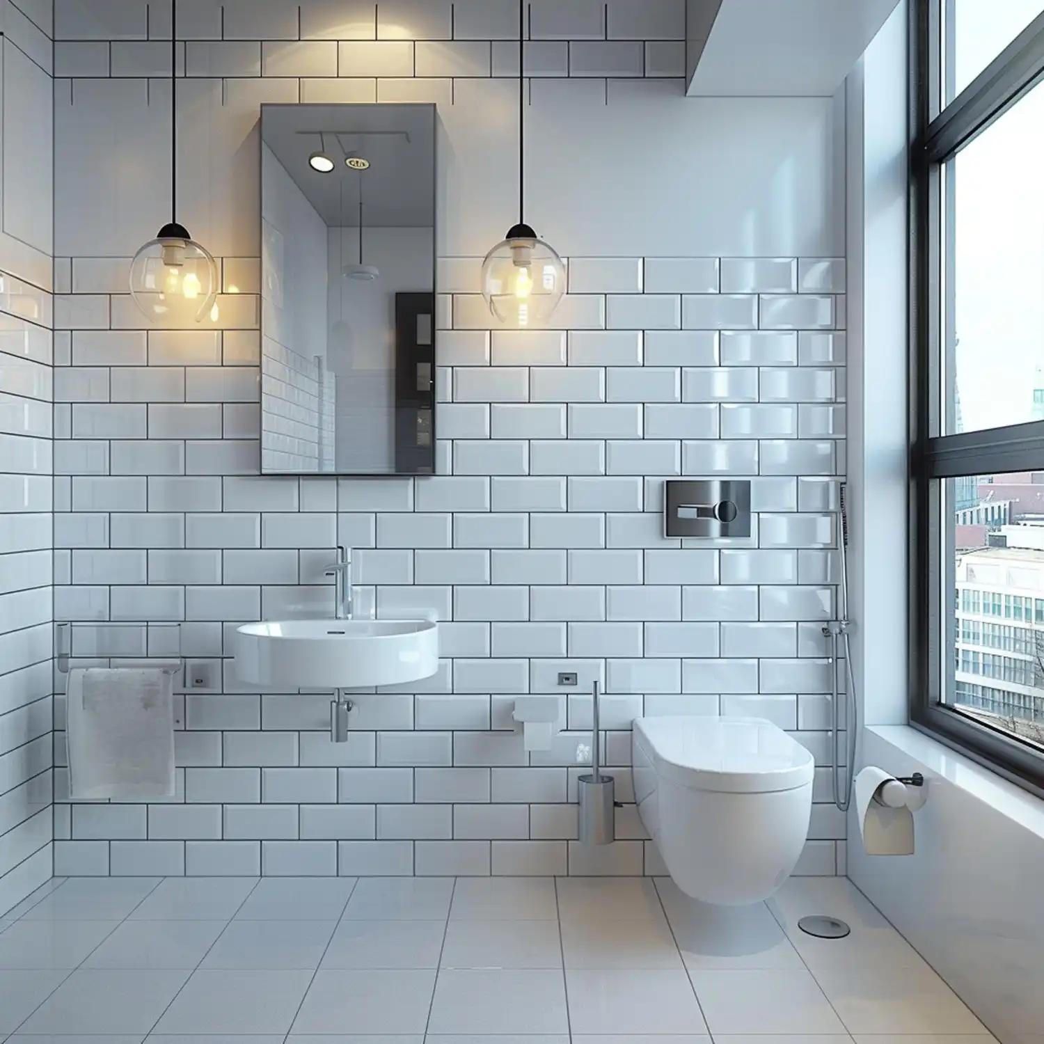 Fluted 3D relief tile behind a bathroom vanity casting soft vertical shadow