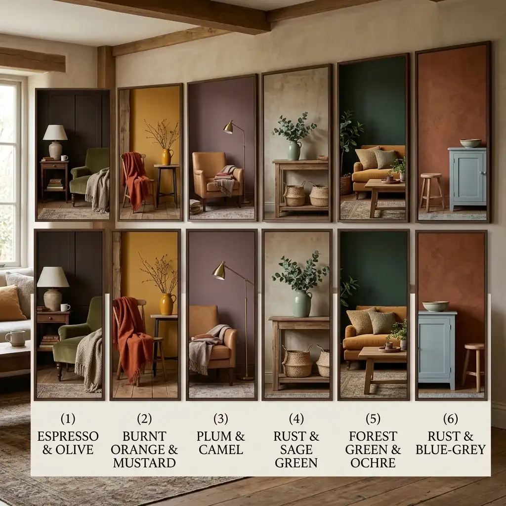 Six autumn colour schemes shown as framed room panels side by side, labelled espresso and olive, burnt orange and mustard, plum and camel, rust and sage green, forest green and ochre, and rust and blue-grey