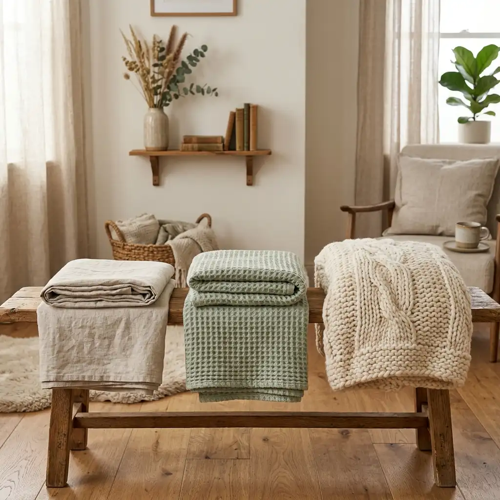 Three fabric weights side by side showing flat linen, mid-weight waffle weave, and a chunky knit throw