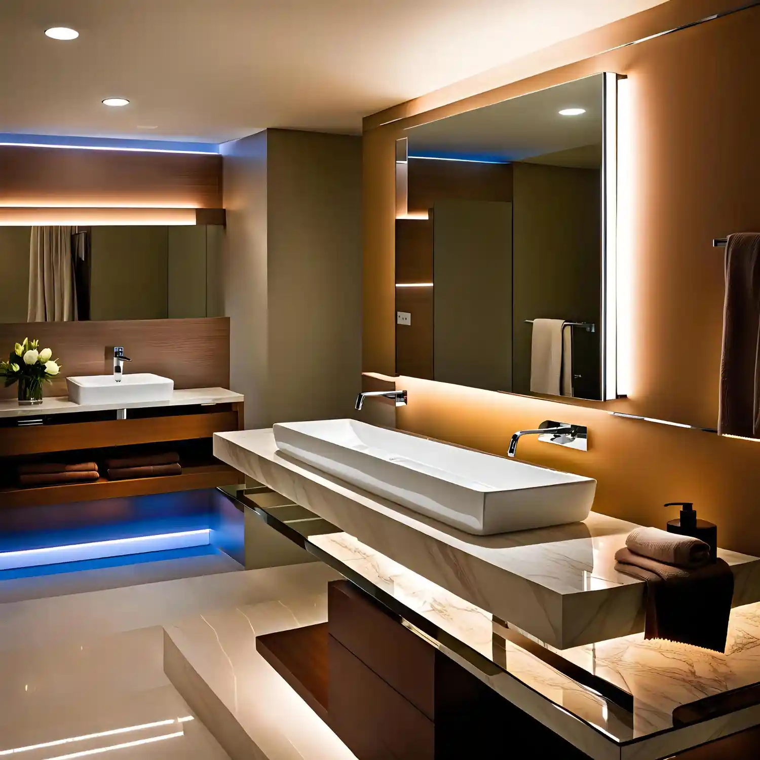 Bathroom showing ambient ceiling light, task sconces at the mirror, and a low accent glow at once