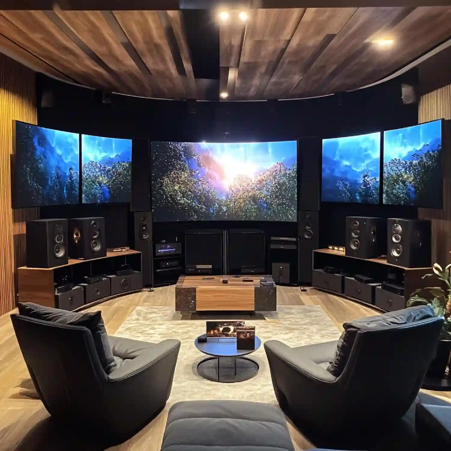 Navy sports cinema with three TVs, cognac seating, long black console, framed jerseys, and brass picture lights