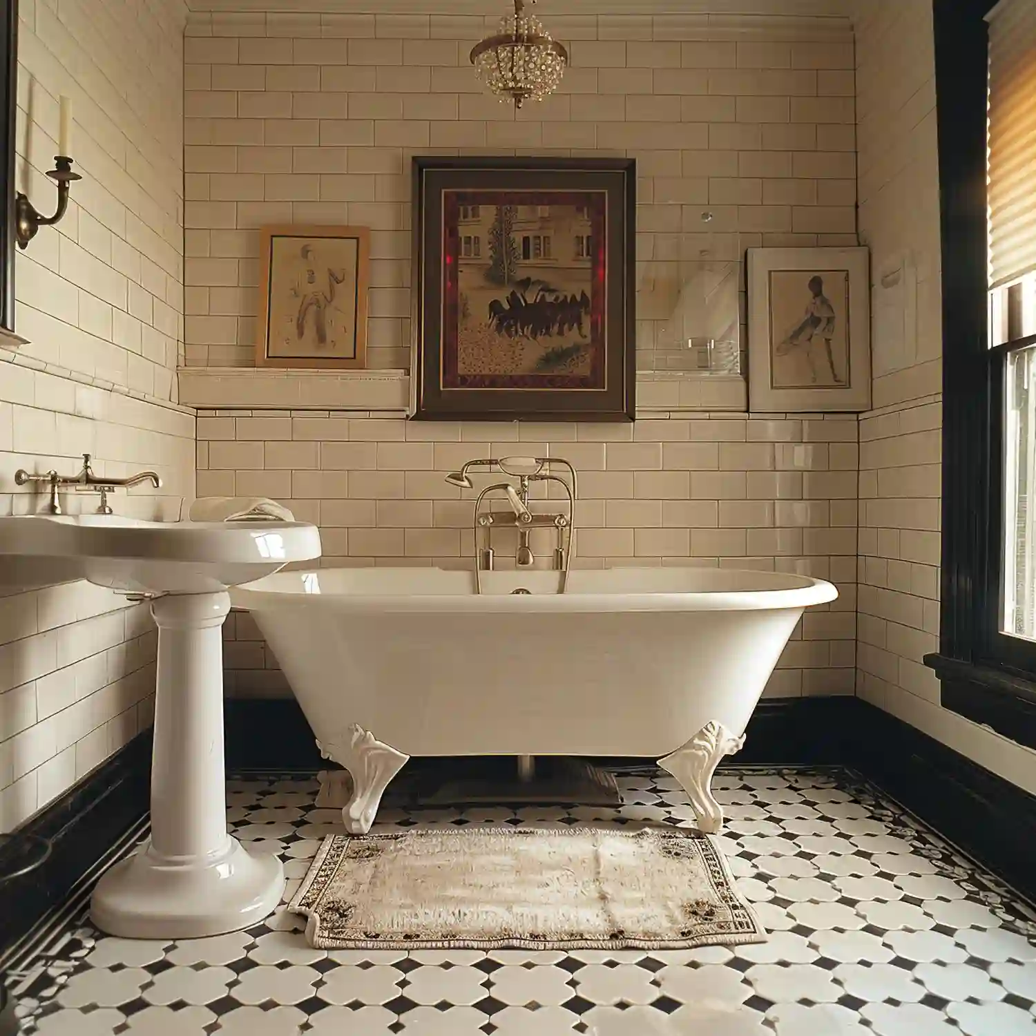 Styled bathroom counter with a stone tray, brass accessories, and rolled white towels
