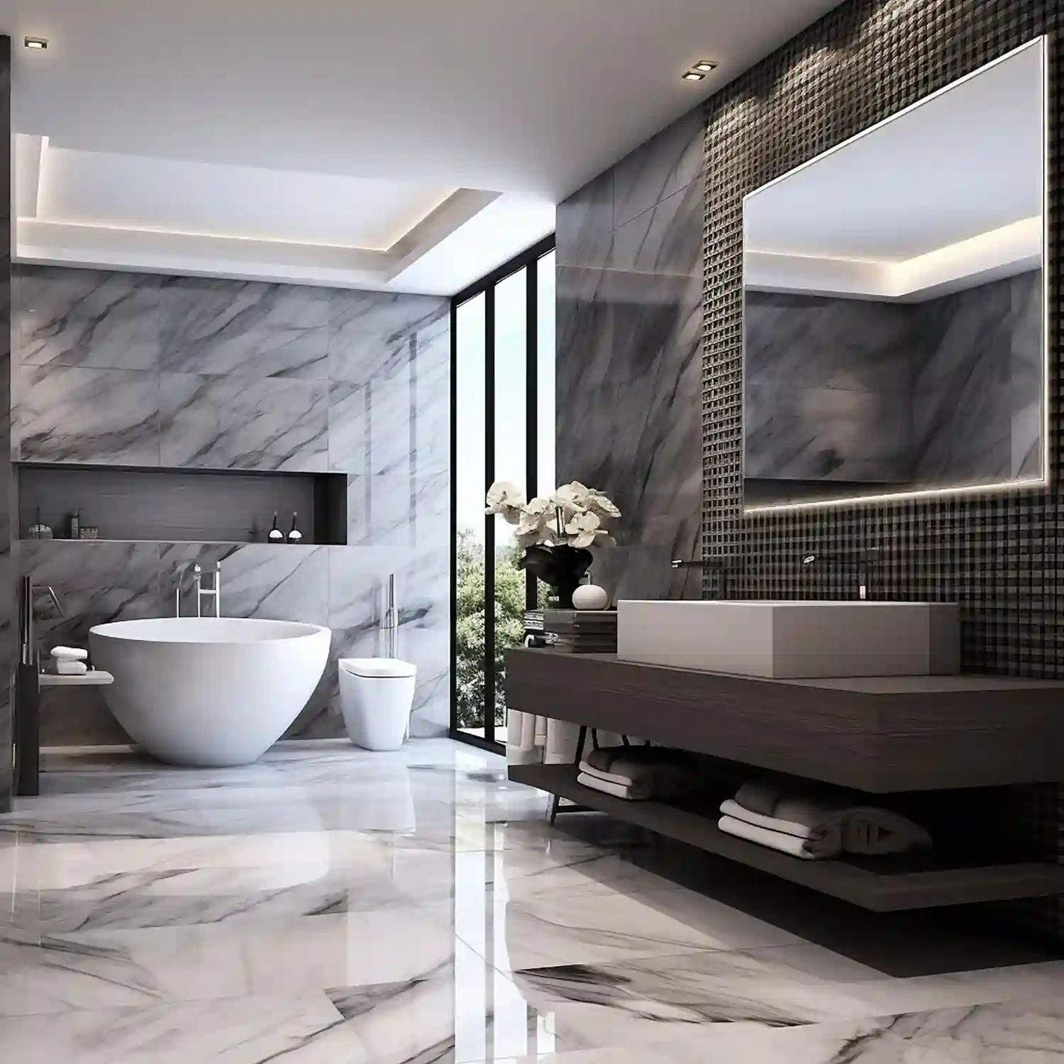 Flat lay styled for timeless bathroom ideas, with a marble tile sample, brass hardware, and linen towel