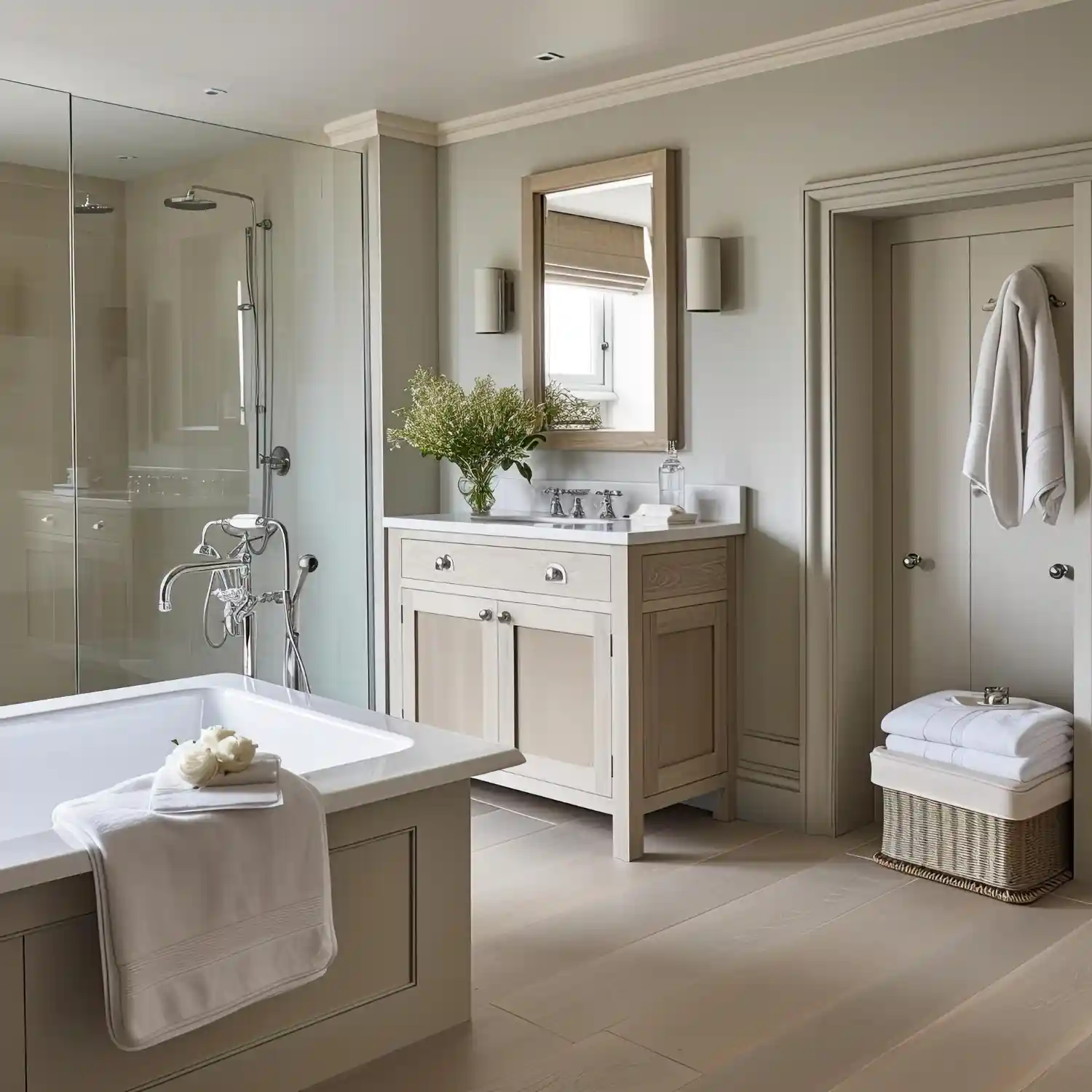 Warm greige bathroom walls paired with a white oval tub and brushed brass fixtures