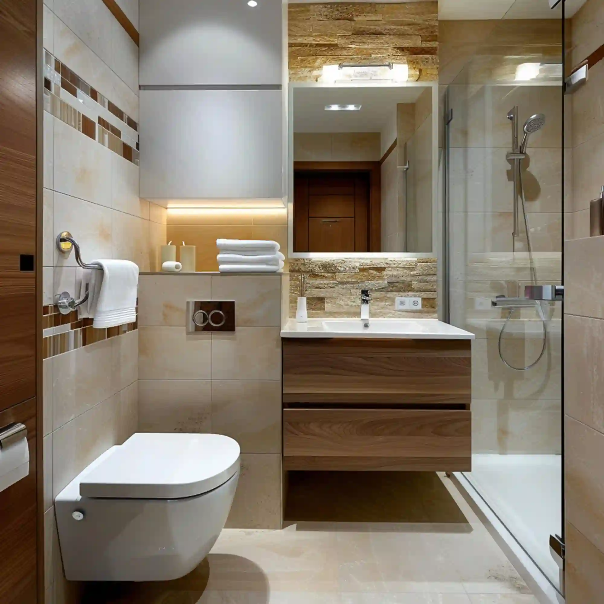Tiny bathroom ideas shown in a cramped apartment layout with soft white walls and open floor space