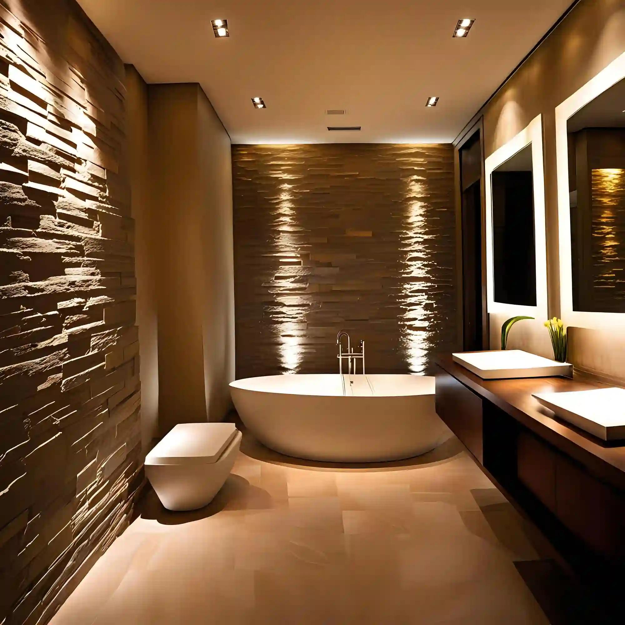 Small bathroom mirror flanked by two warm brass wall sconces at eye level above a narrow vanity