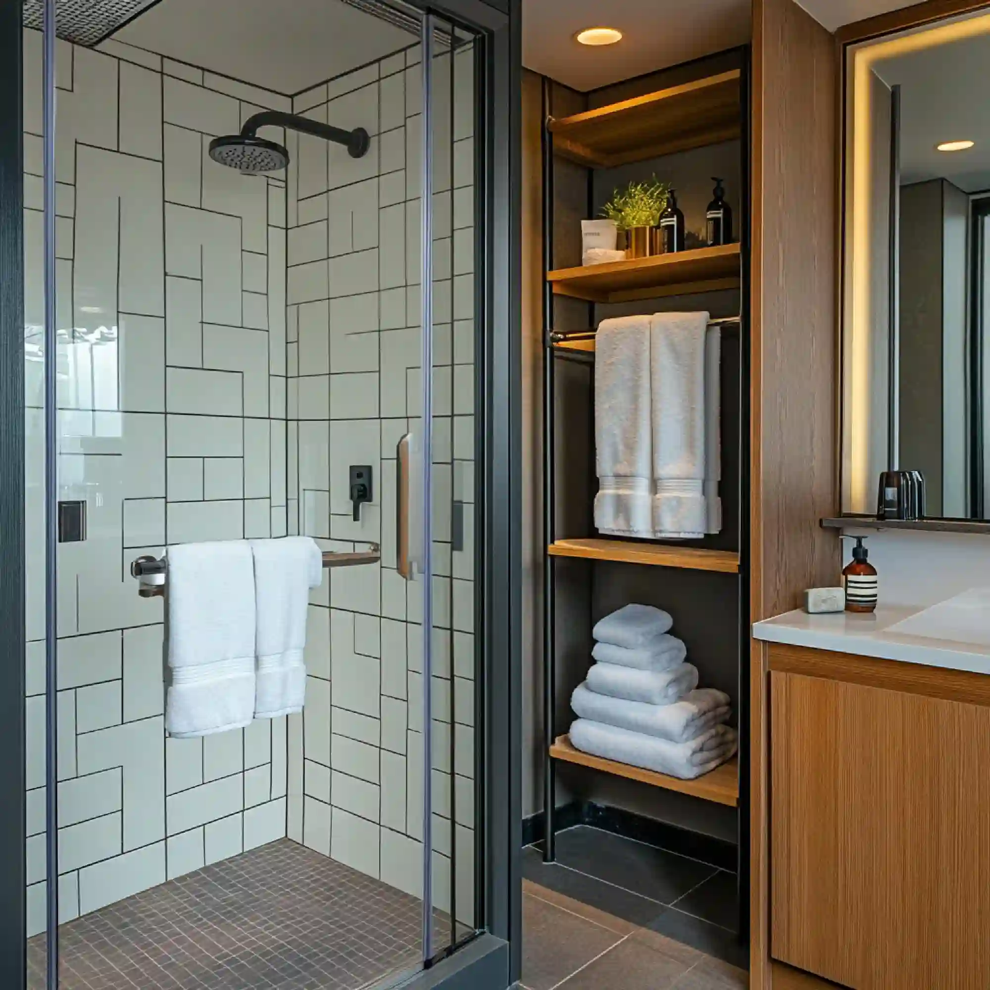 Shower curtain hung several inches above and wider than a small tub in a narrow bathroom
