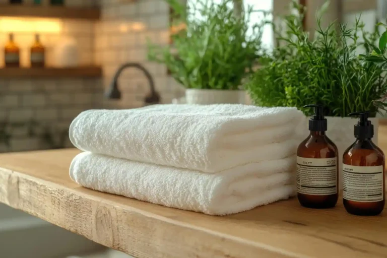 Folded white towels on a rustic wood bathroom counter beside amber pump bottles under warm shelf lighting