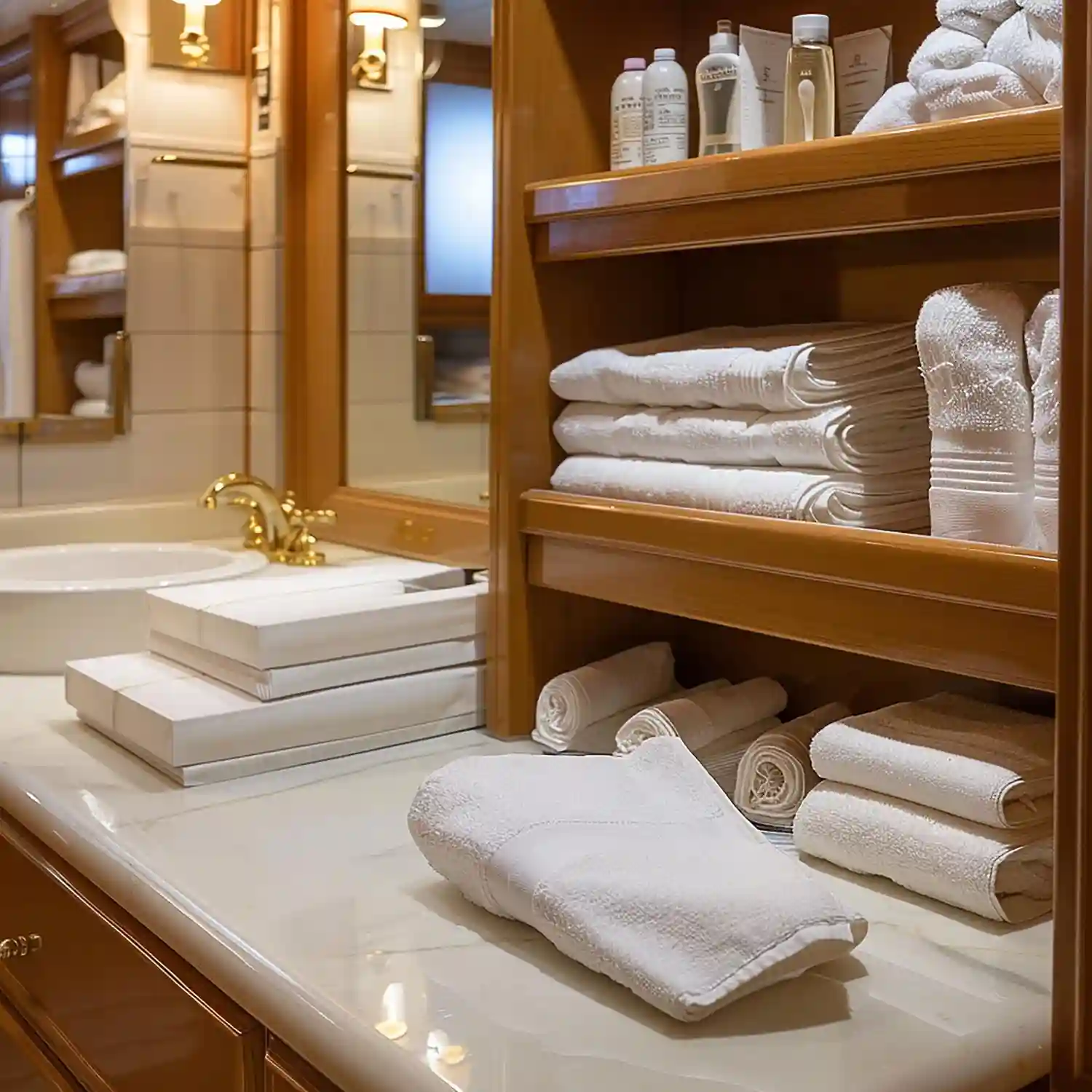 Styled bathroom wall with towels hung on a bar and rolled towels displayed in a woven basket