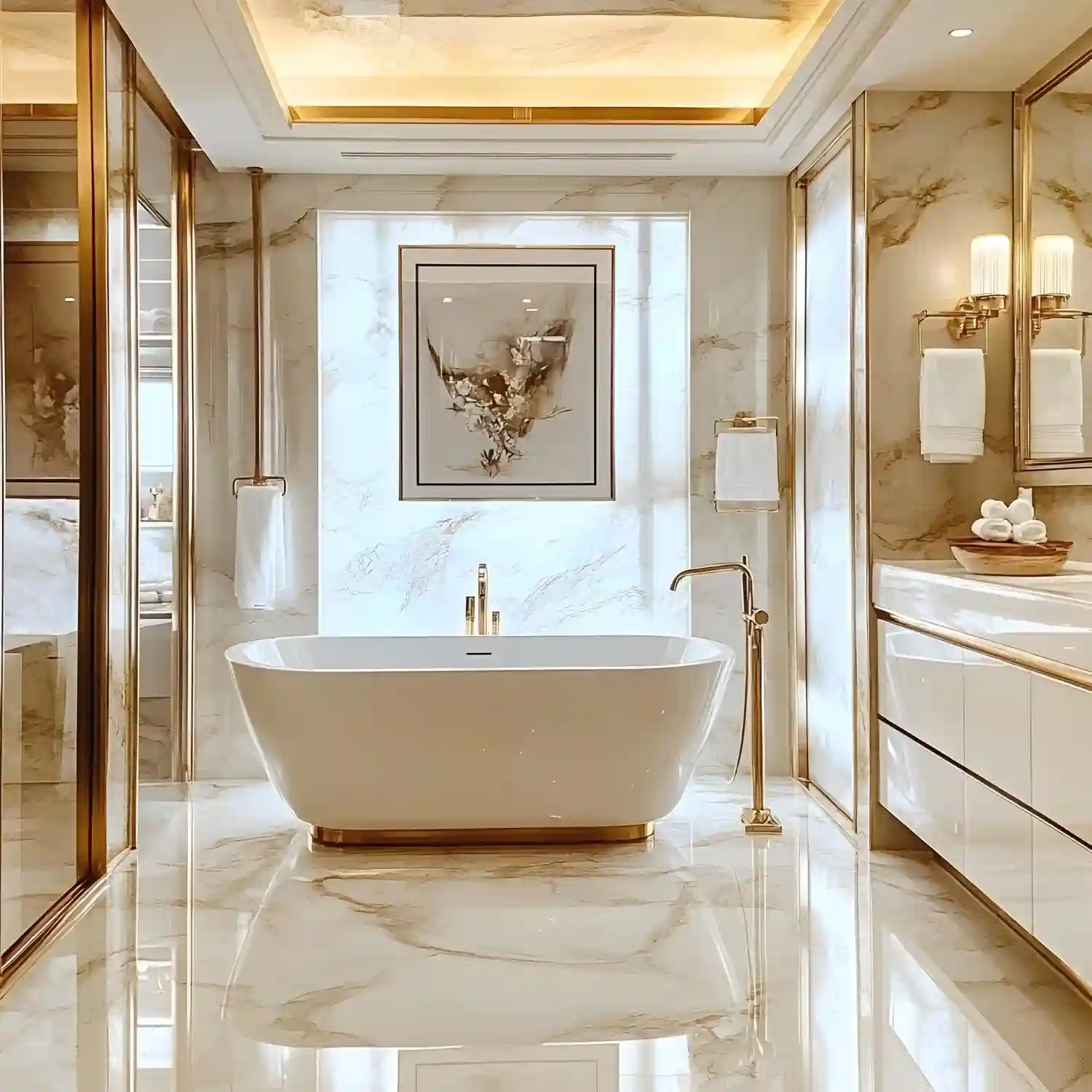 Tumbled travertine stone bathroom floor with creamy veining, brass hardware, and off-white walls