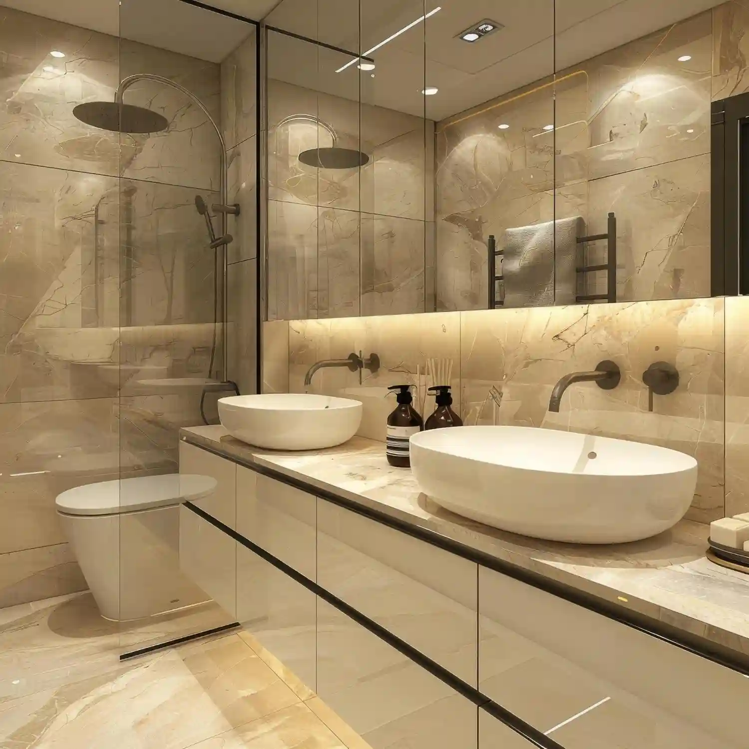 Warm travertine and limestone large-format bathroom tile in honey and oatmeal tones with soft veining