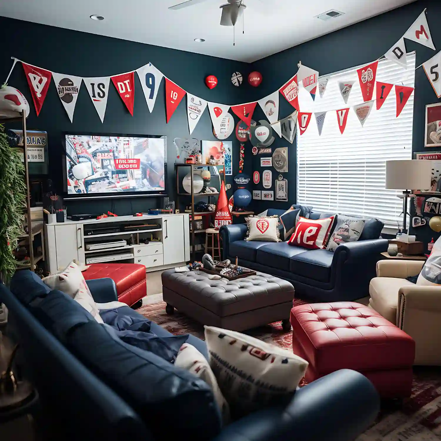 Twelve affordable man cave materials including paint, LED bulb, frame, cable cover, crate, rug, and bar cart