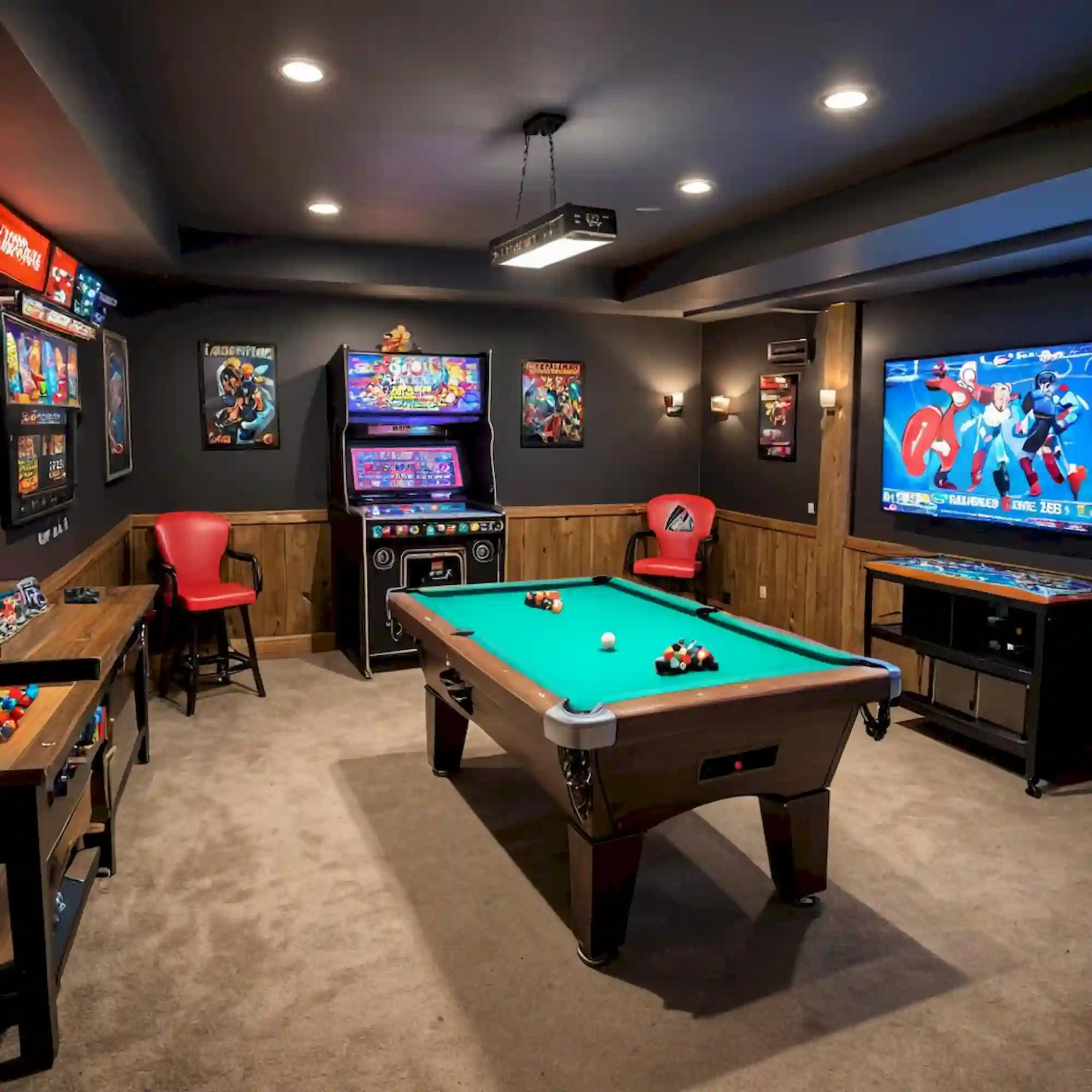 Twelve man cave game room concepts shown through pool, poker, arcade, and dartboard styling details