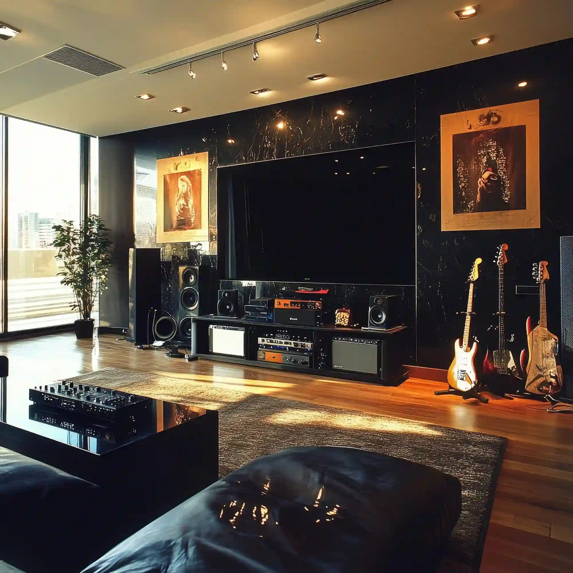 Music man cave ideas shown through acoustic panels, a guitar gallery wall, and warm lounge lighting