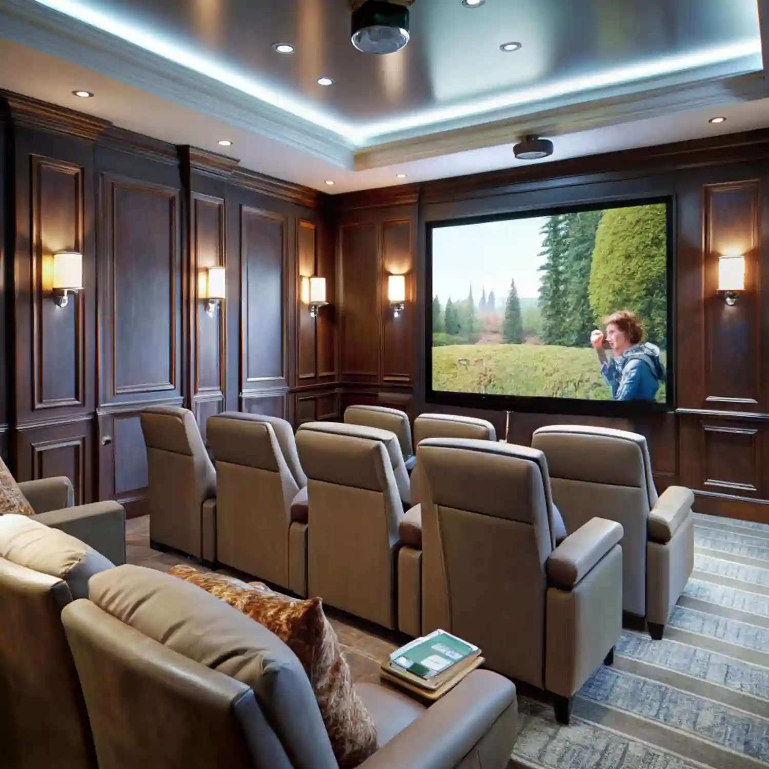 Two-row navy cinema with compact recliners, raised back platform, slim drink ledge, charcoal carpet, and path lights