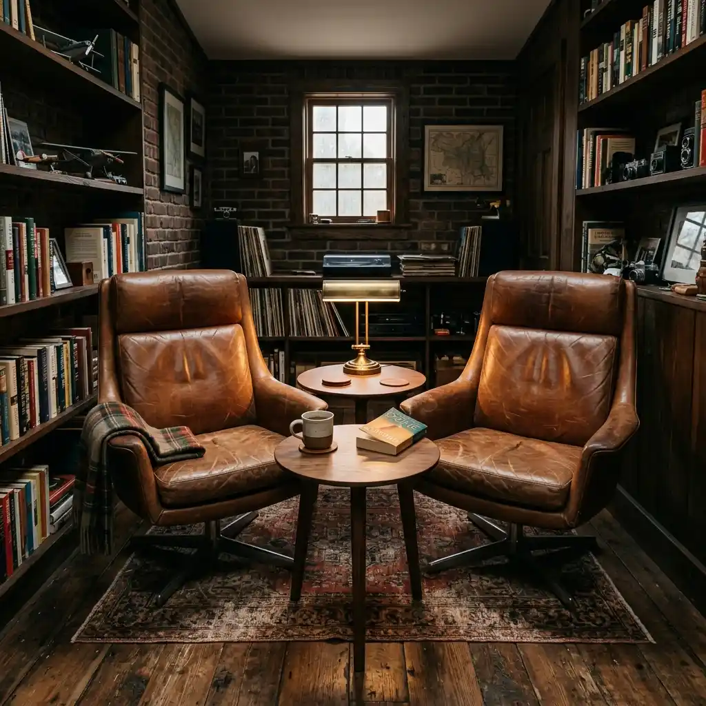 Two leather swivel chairs facing each other in a narrow man cave with a small round table