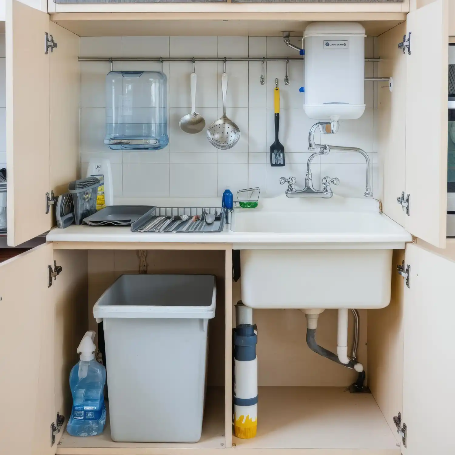 Open vanity cabinet showing the P-trap drainpipe and the empty vertical space around it