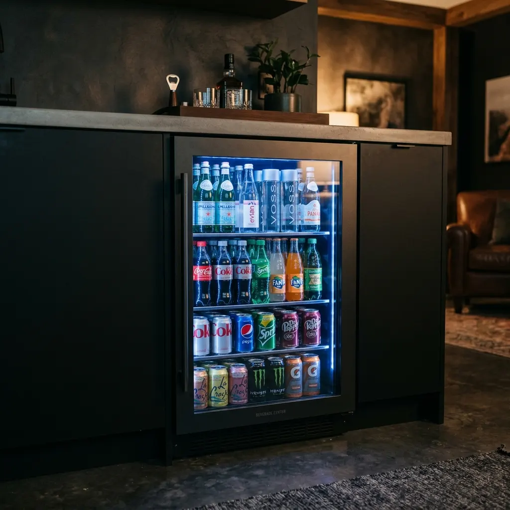 Stainless undercounter beverage center flush with walnut cabinet fronts under a stone bar top