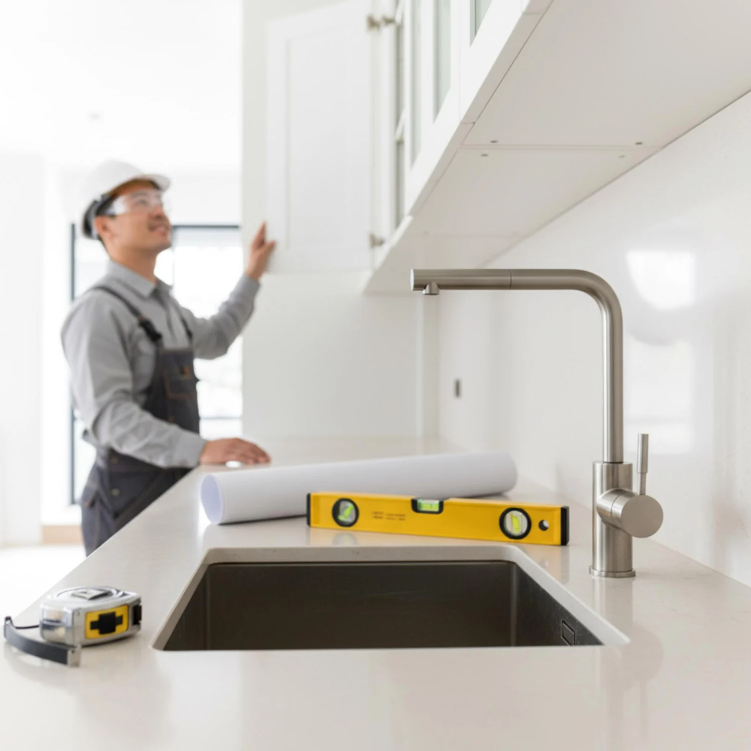 Undermount white basin set into a marble counter with a clean uninterrupted edge and brushed brass faucet