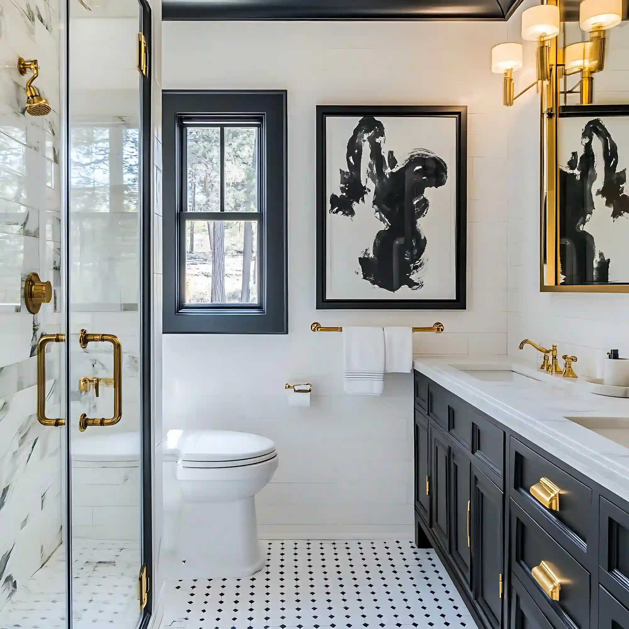 Unlacquered brass bathroom faucet and cabinet pulls with a warm developing patina