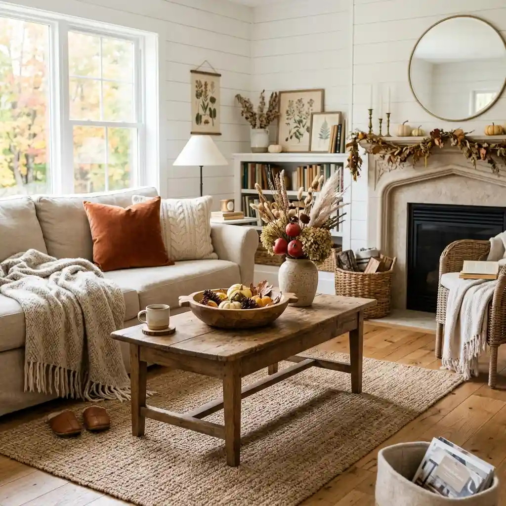 Fall farmhouse decor in a bright living room with an oatmeal wool throw, wooden bowl and dried stem arrangement