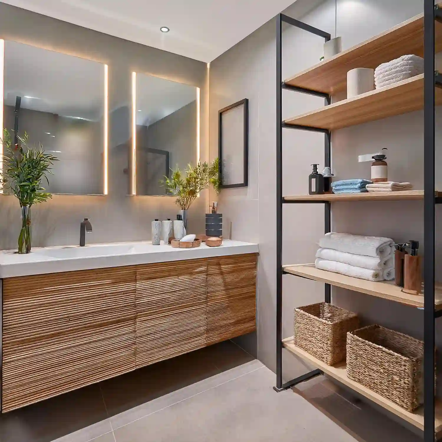 Vertical bathroom shelving climbing the wall above the toilet and beside the vanity to save floor space