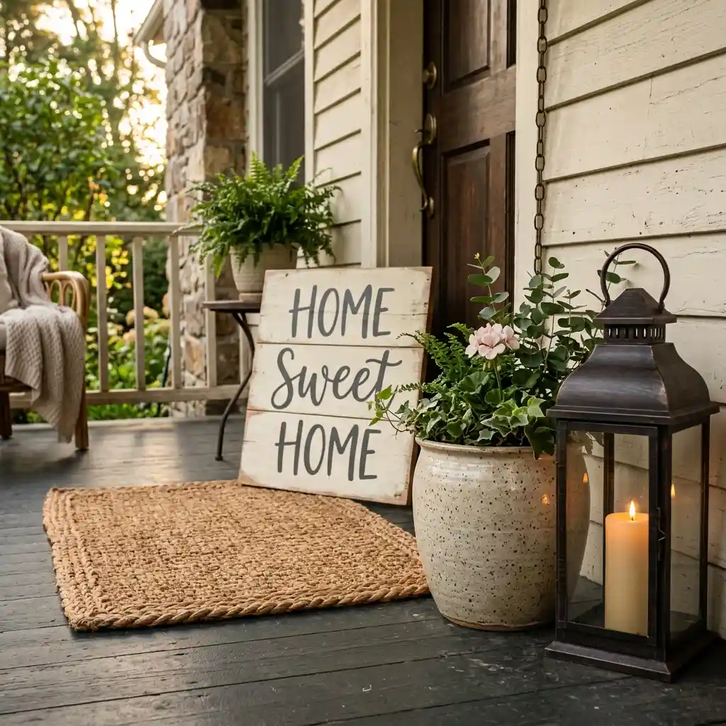 Narrow vertical wooden plank hanging from a bracket on a porch column with dried foliage below