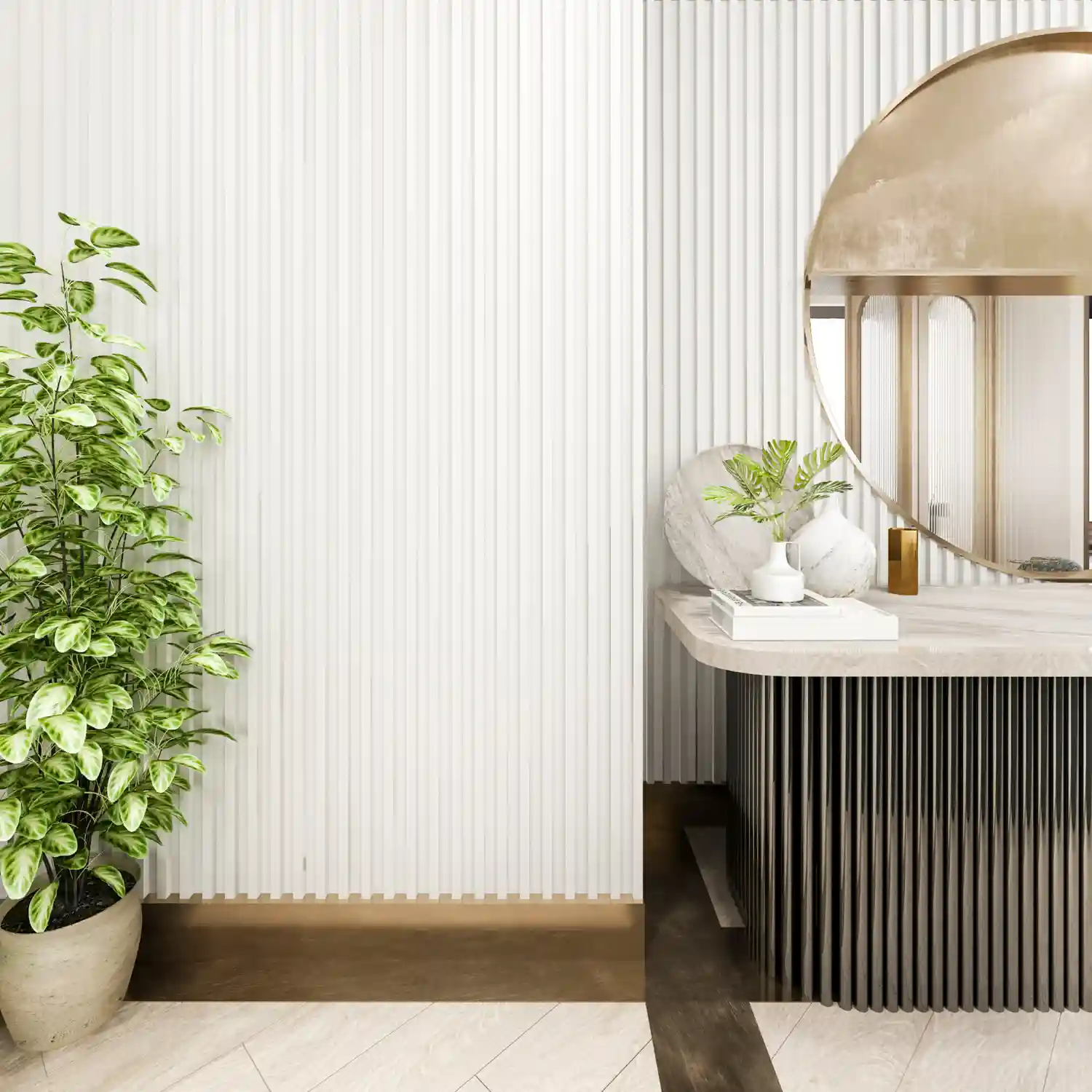Floor-to-ceiling vertical white paneled wall behind a toilet making a small bathroom feel taller