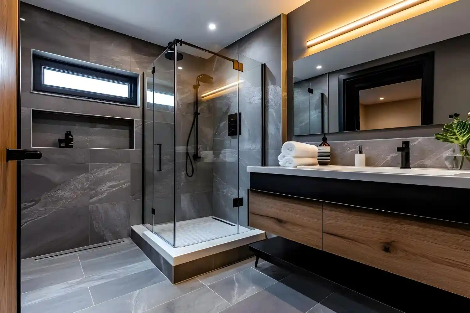 Vertically stacked rectangular shower tile in warm white drawing the eye up in a narrow bathroom