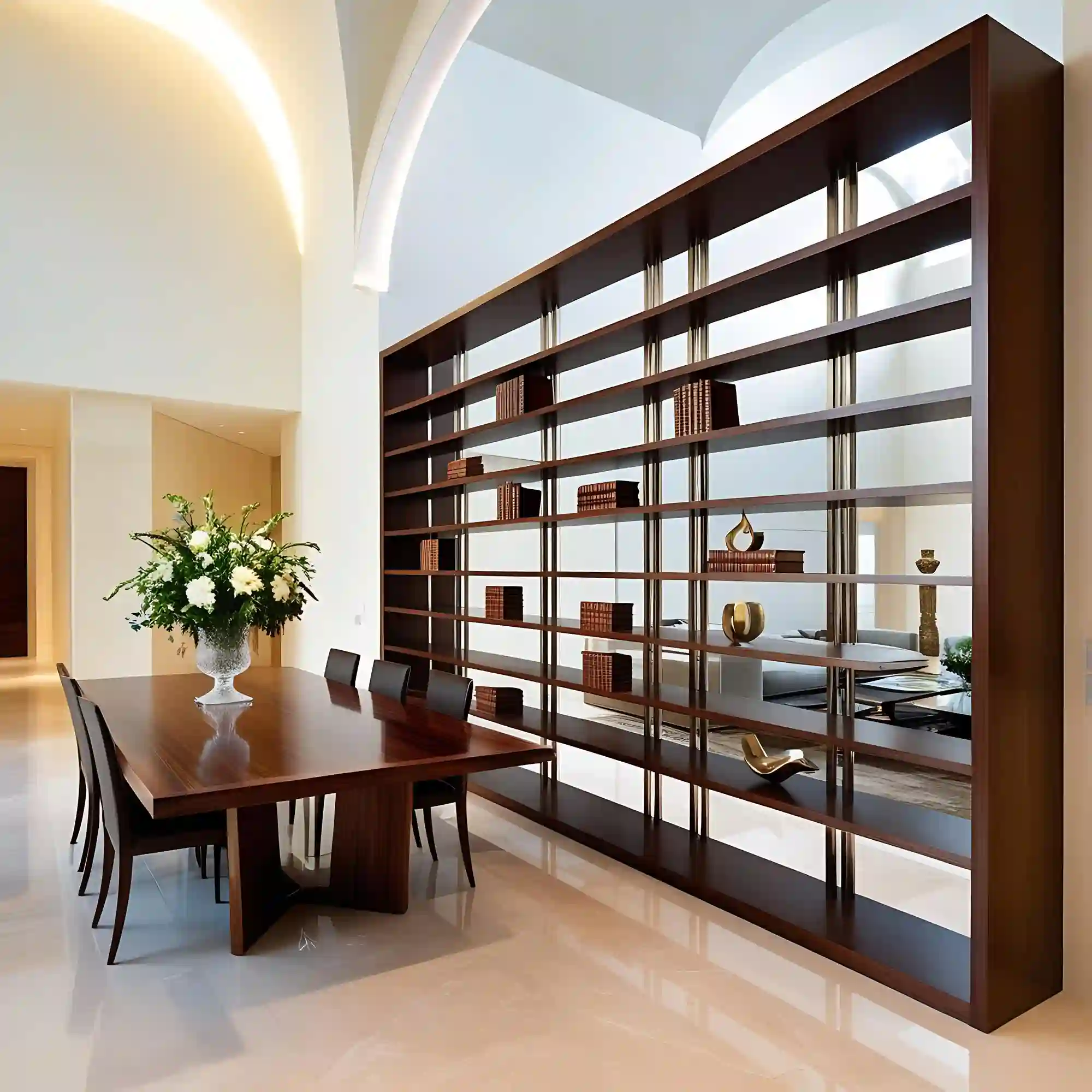 Floor-to-ceiling shelving with woven baskets pulling the eye upward in a small apartment