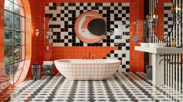 Vintage bathroom with soft pink tile walls, black-and-white checkerboard floor, and brass fixtures