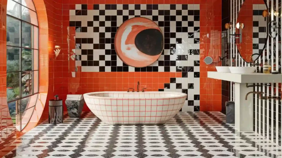 Vintage bathroom with soft pink tile walls, black-and-white checkerboard floor, and brass fixtures