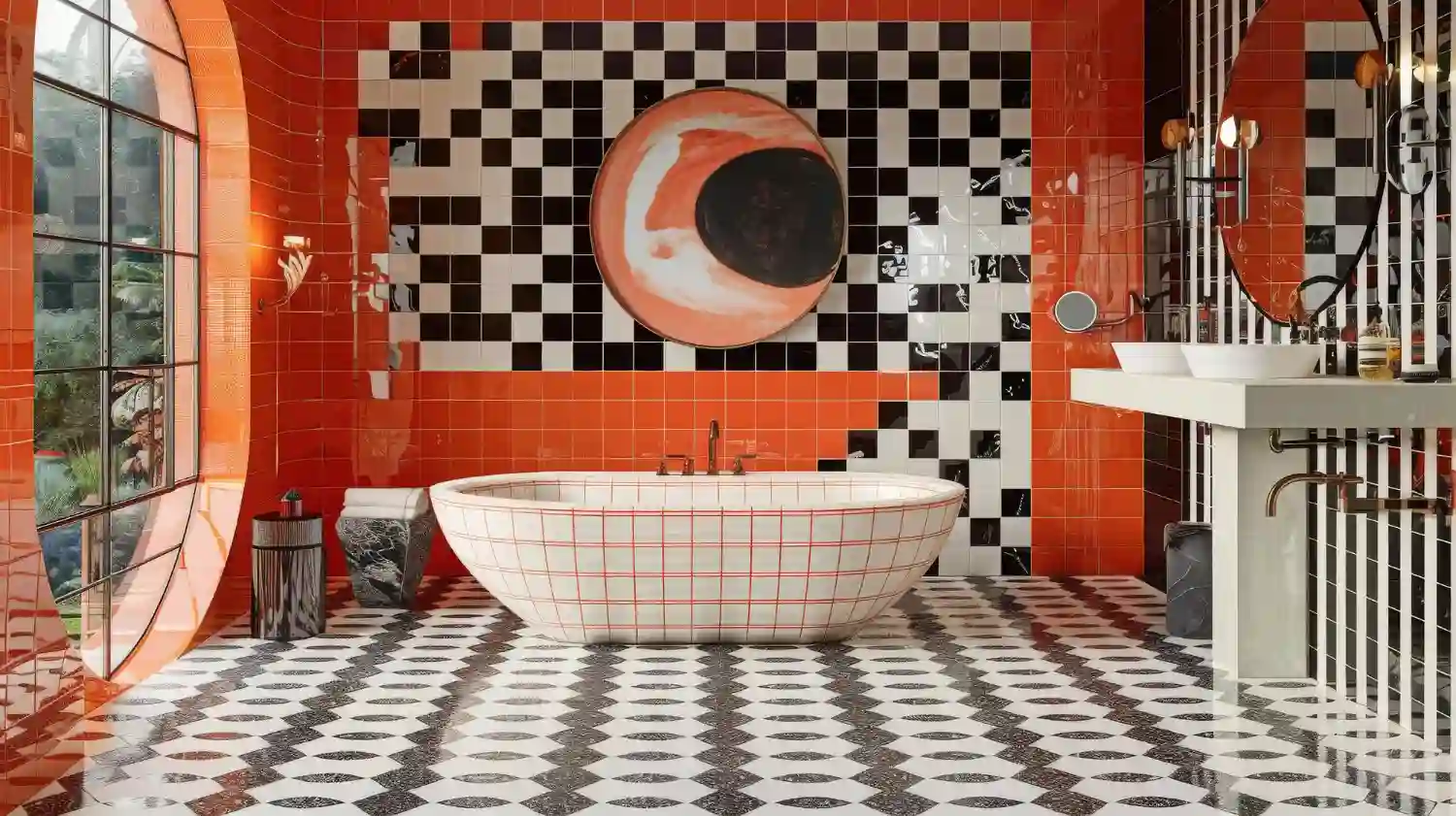 Vintage bathroom with soft pink tile walls, black-and-white checkerboard floor, and brass fixtures