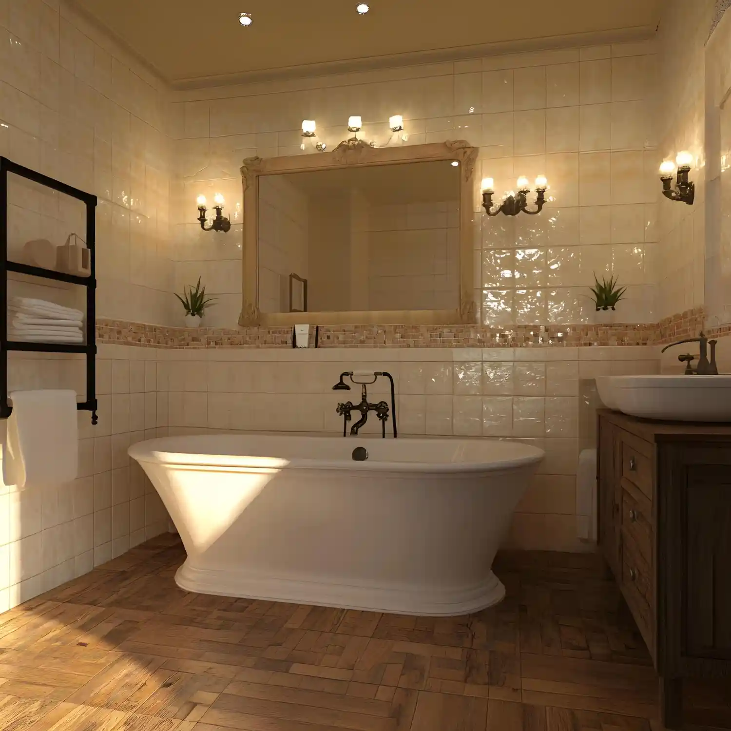 Vintage-style bathroom with mint green tile, a clawfoot tub, and brass sconces