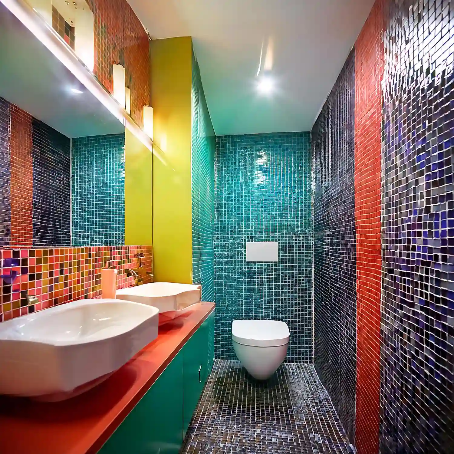 Colorful vintage bathroom suite with pastel tile and antique-style fixtures reflecting the retro design trend