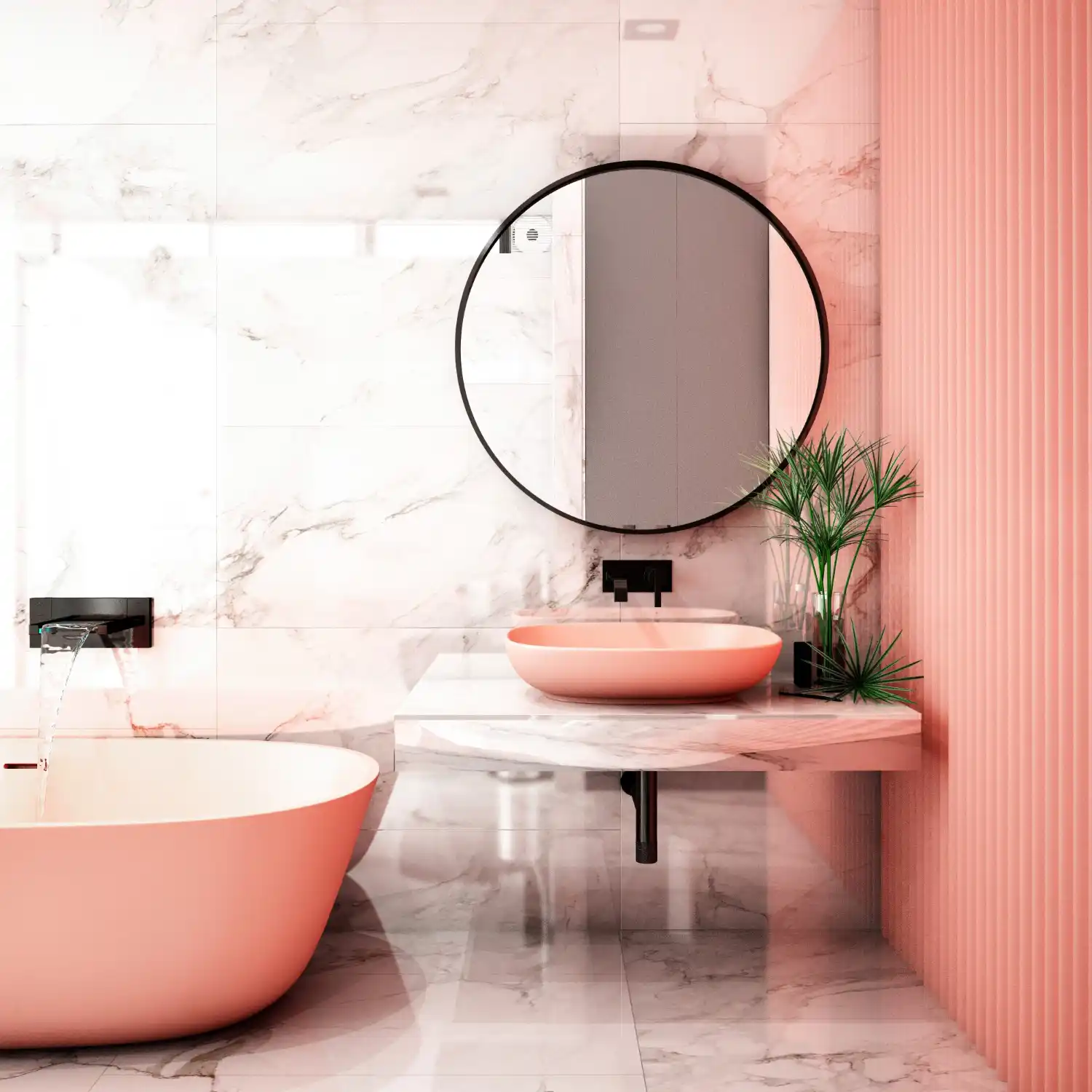 Pastel pink bathroom suite with a matching pink sink, tile, and vintage-style fixtures