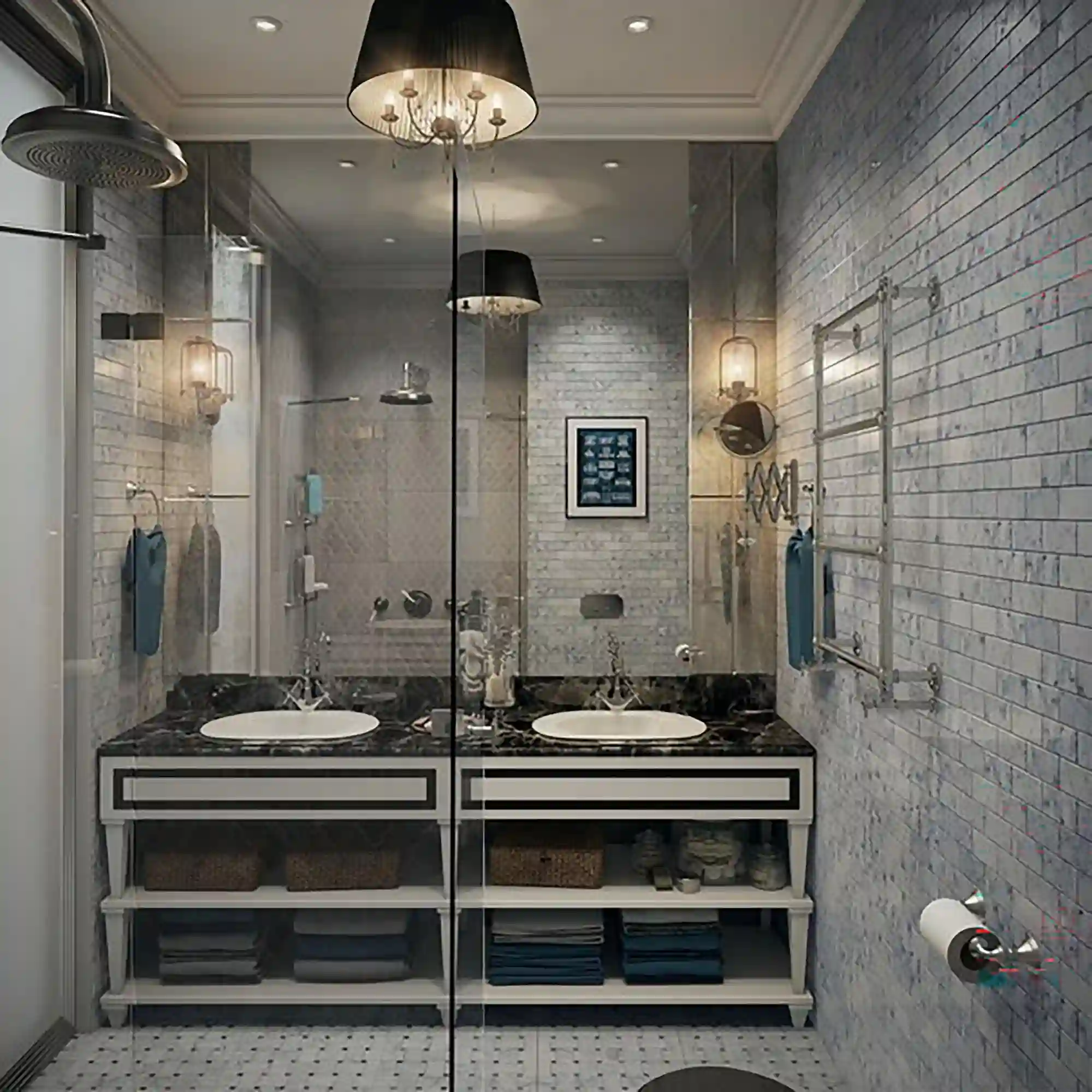 Walk-in rain shower with a curbless entry and warm stone wall in a spa-style bathroom