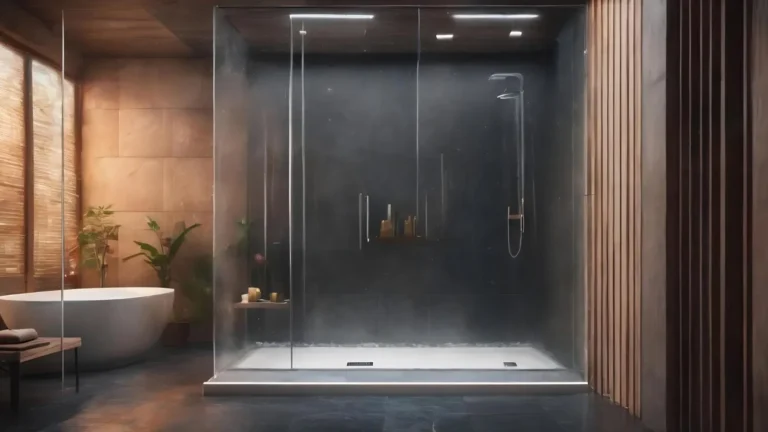 Curbless walk-in shower with a single frameless glass panel, warm brass fixtures, and flush stone floor