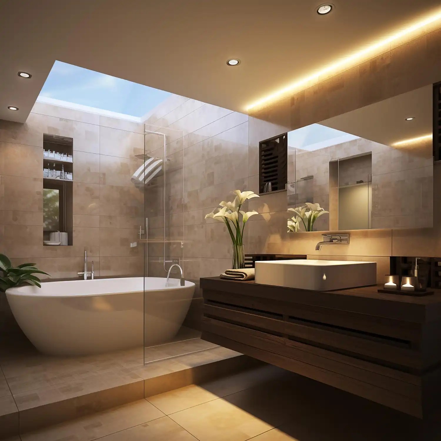 Frameless glass walk-in shower with continuous large-format tile, a niche, and a rainfall showerhead
