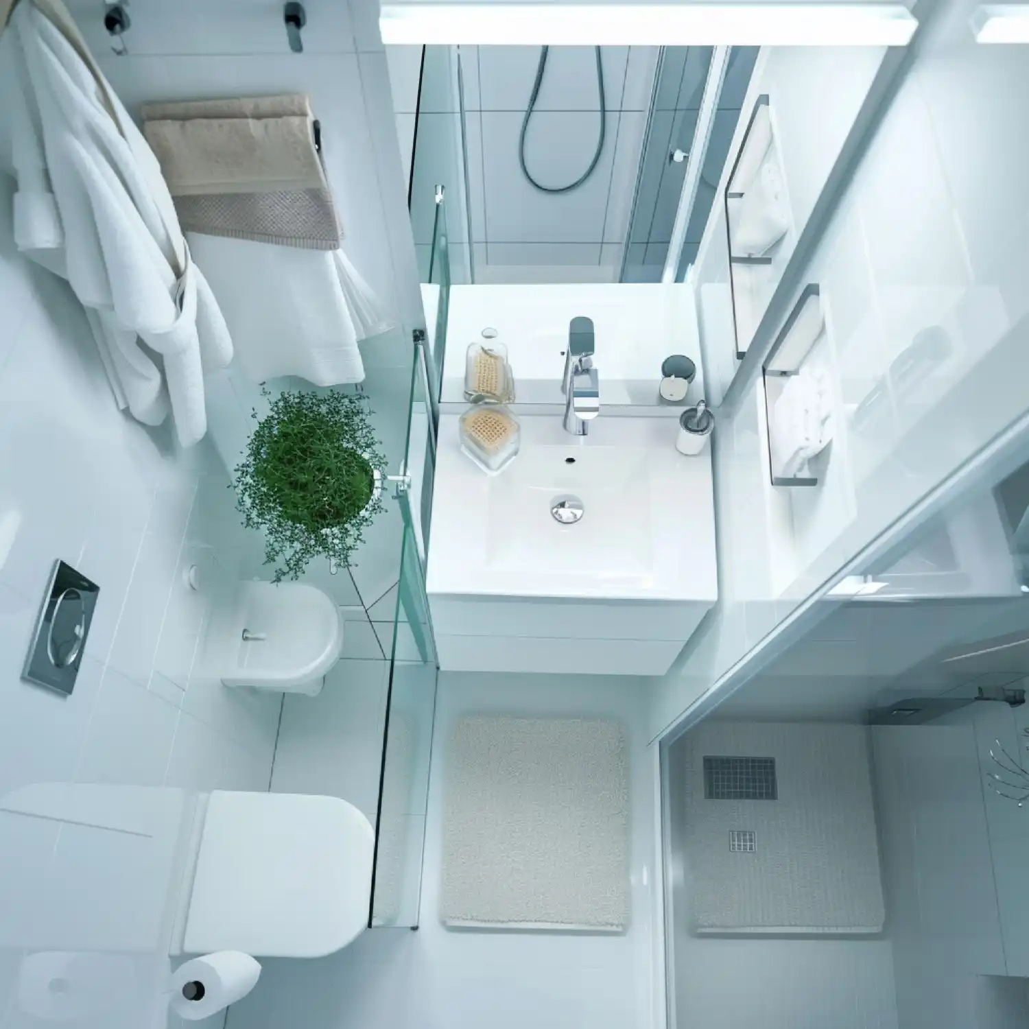 Planning layout of a walk-in shower showing drain position, glass panel, and bench placement