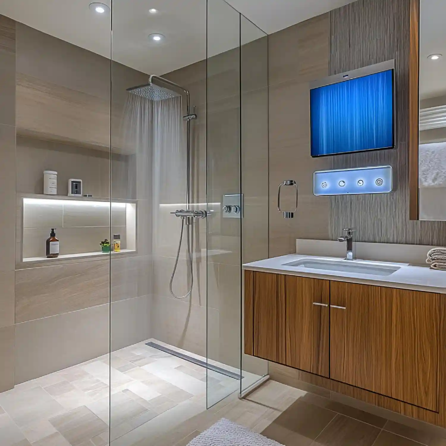 Open walk-in shower installed where a bathtub used to be, with continuous tile and a frameless glass screen