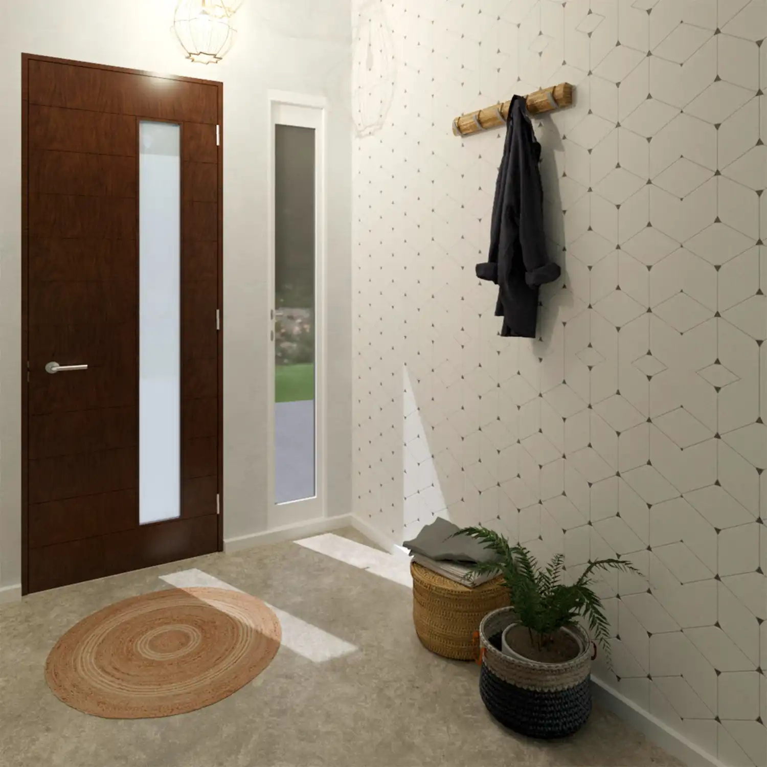 Matte black towel bar and hooks on a bathroom wall holding a hanging bath towel and hand towel