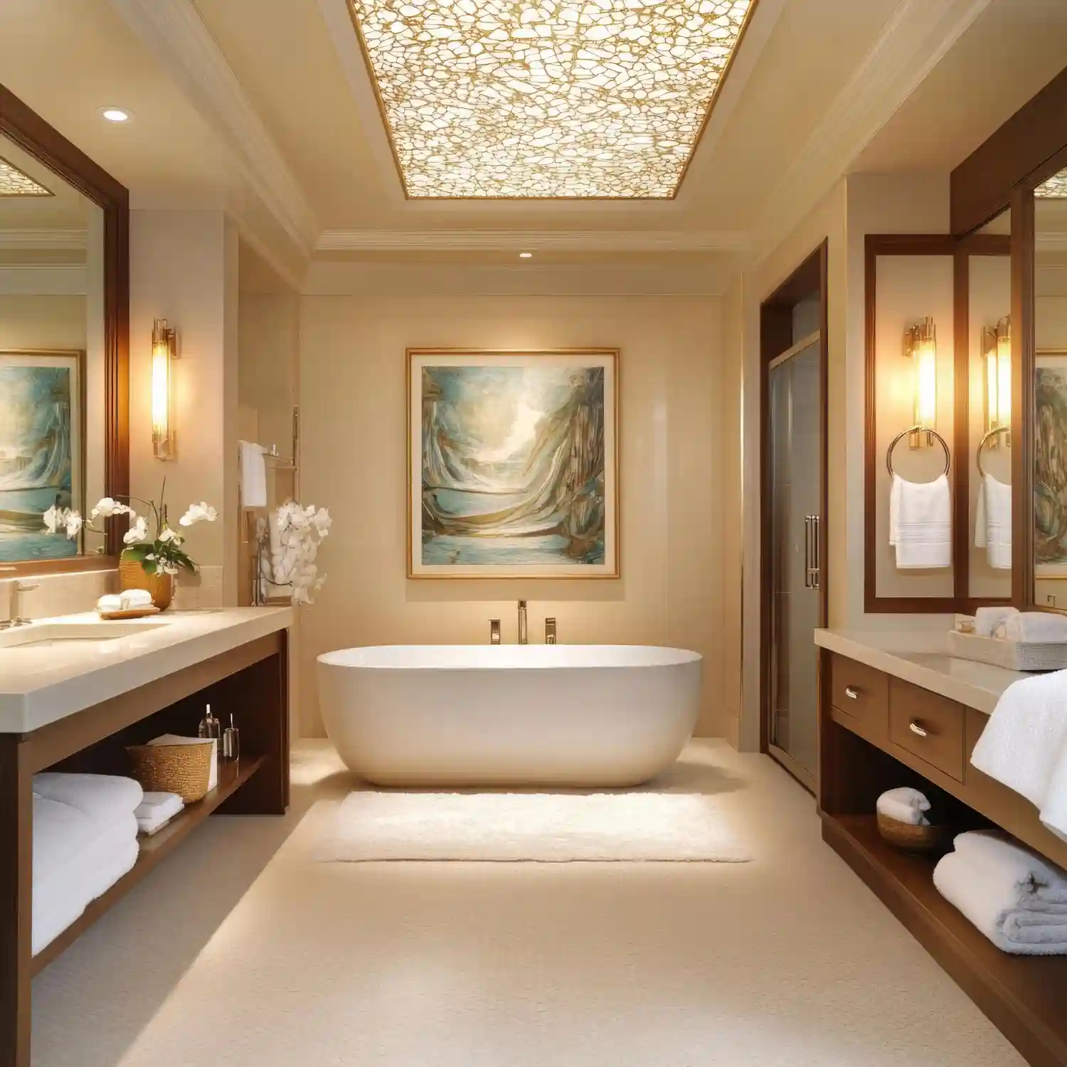 Powder room with matching wallpaper on the walls and ceiling for a cocooned look