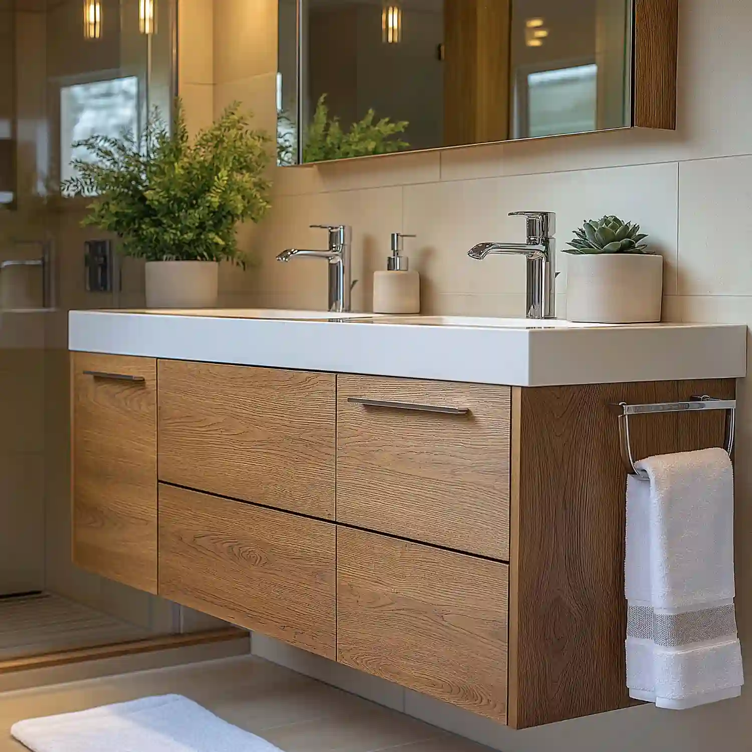 Walnut bathroom vanity with tapered wood legs and a warm stone countertop