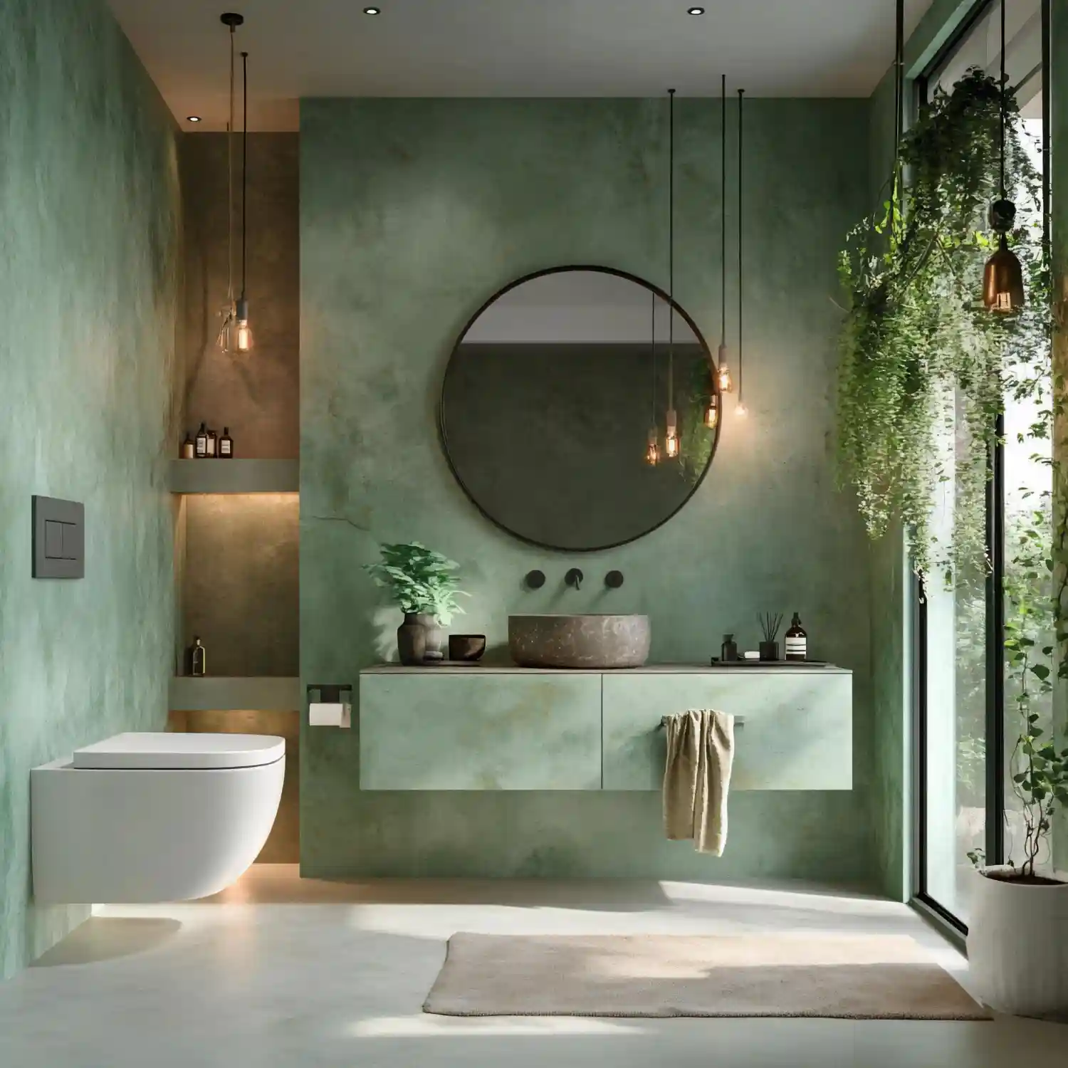Bathroom with warm sage green walls replacing a stark all-white color scheme