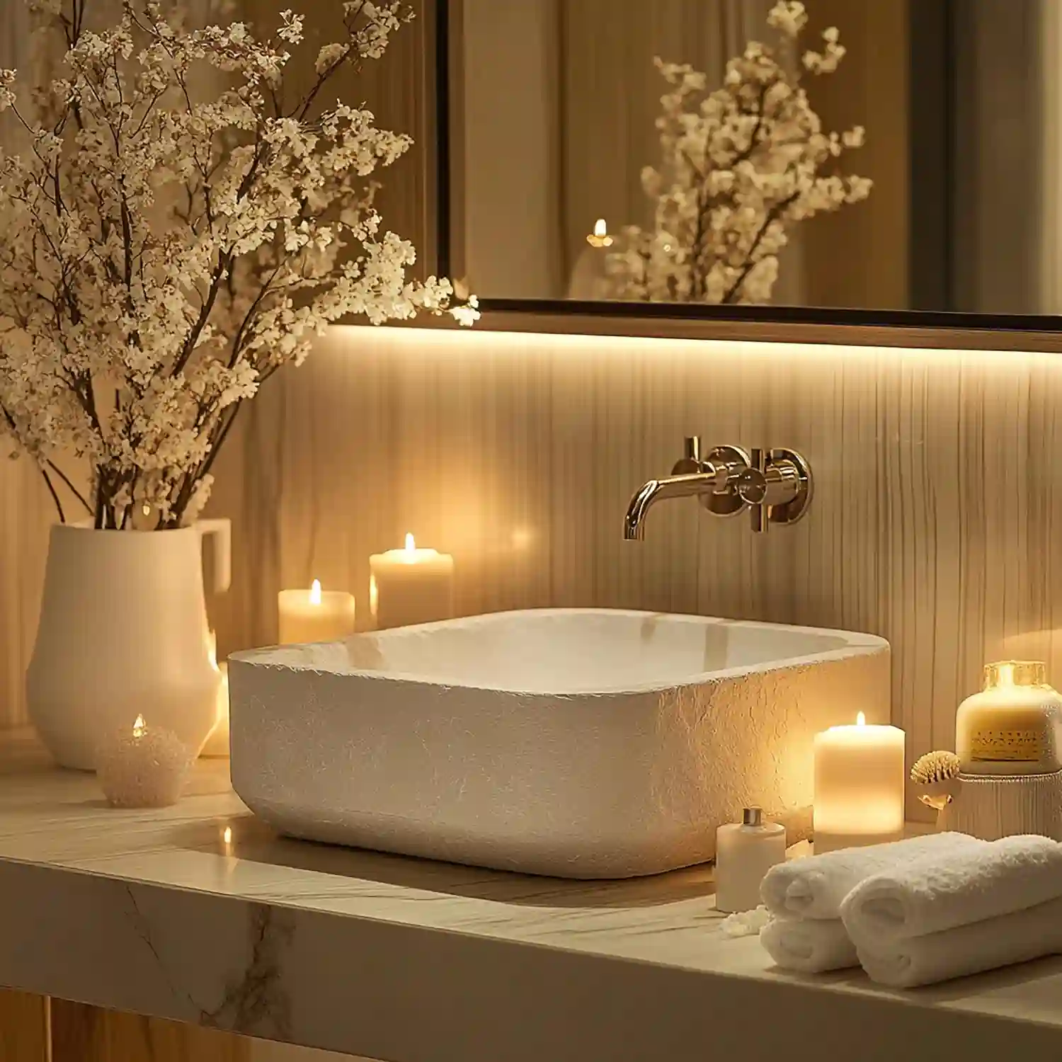Bathroom lit with a warm-white bulb and small counter lamp casting a soft candlelike glow