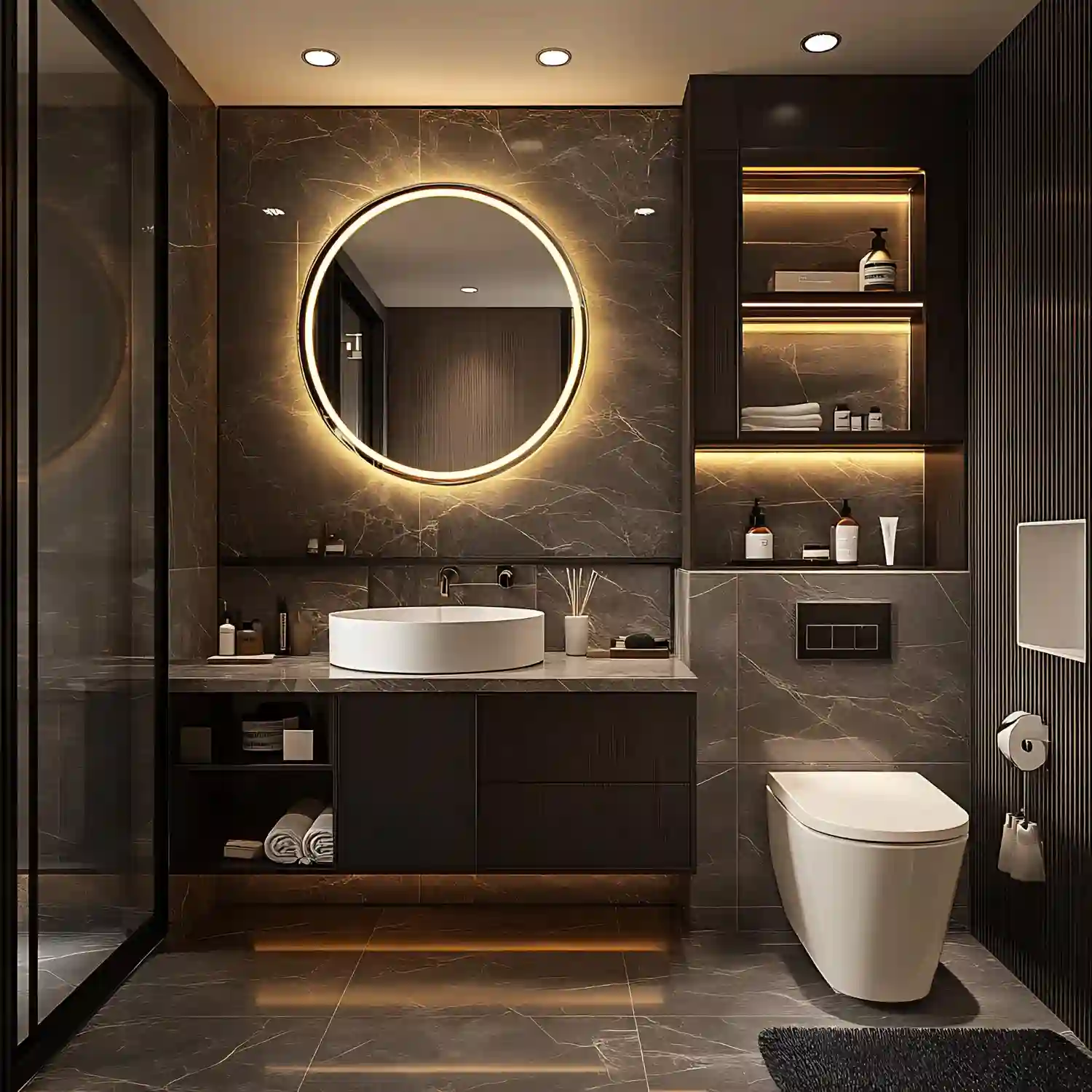 Warm brass wall sconces flanking a bathroom mirror at eye level with soft glow